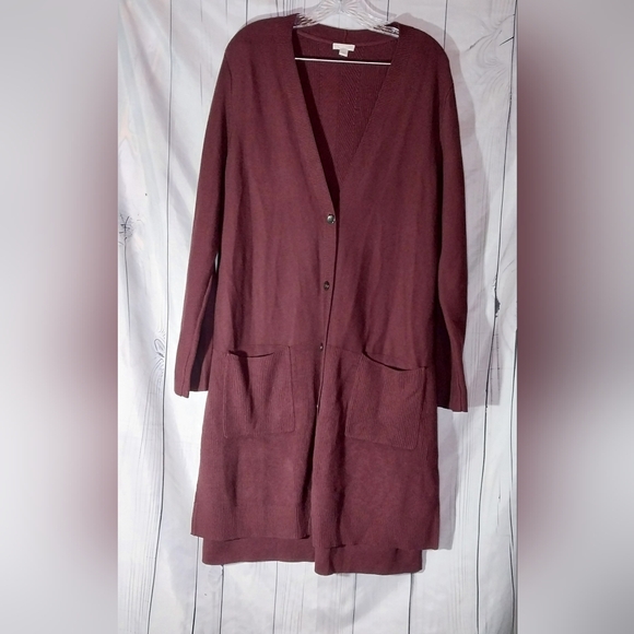 J Jill Womens Plum Longline V-Neck Cardigan Coatagin Pockets Sweater Size XL - Picture 1 of 15